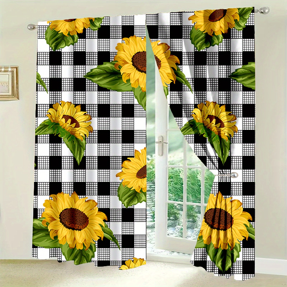 

2pcs Pattern And Checkered Polyester Curtains, Decorative Drapes For , , Seasonal, No Lining, , No Needed