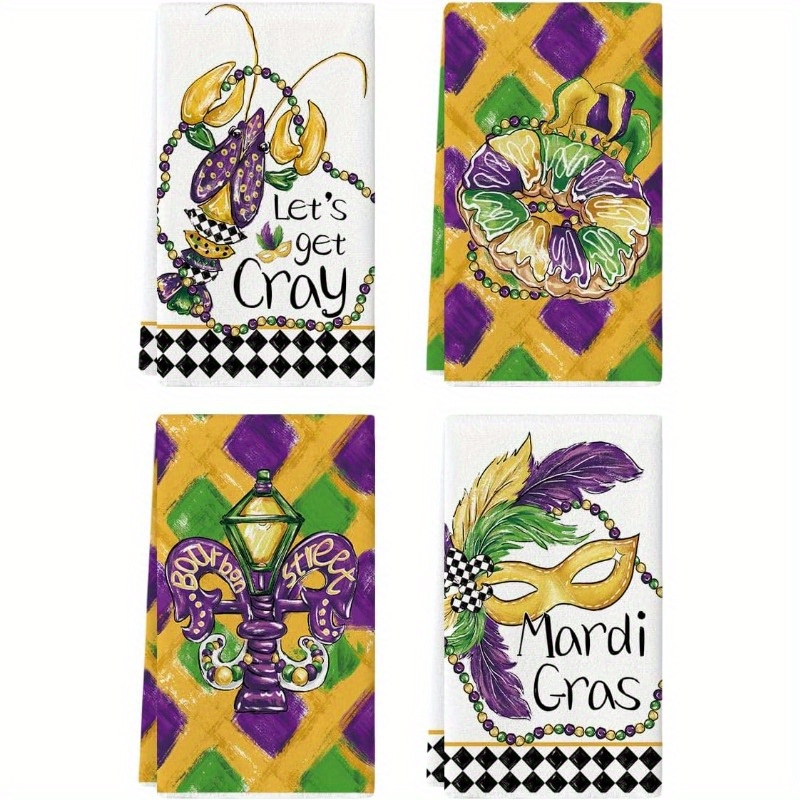 

4pcs Set Mardi Gras Kitchen Towels - Polyester, Machine Washable, Contemporary Cartoon Design With & Lobster Donut Beads - Home Decor &