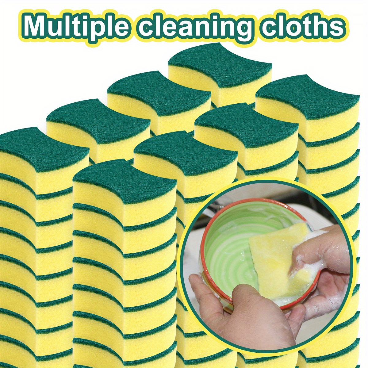 5-Pack Heavy-Duty Dual-Sided Cleaning Sponges with Green & Yellow Scrubbing Pads - Heavy-Duty Absorbent, Durable & Non-Scratch Surface-Safe for Kitchen, Bathroom, Dishes, Glass, Countertops - Multi-Purpose Household & Commercial Use (Green/Yellow, White with Black Edges) - Stackable Design, Long-Lasting Sponges for Heavy Cleaning Tasks, Ideal for Pots, Pans, and Delicate Surfaces, Sponge Refills for Dish Brushes, Kitchen Thick Sponges, Non Scratch Sponge for Kitchen,