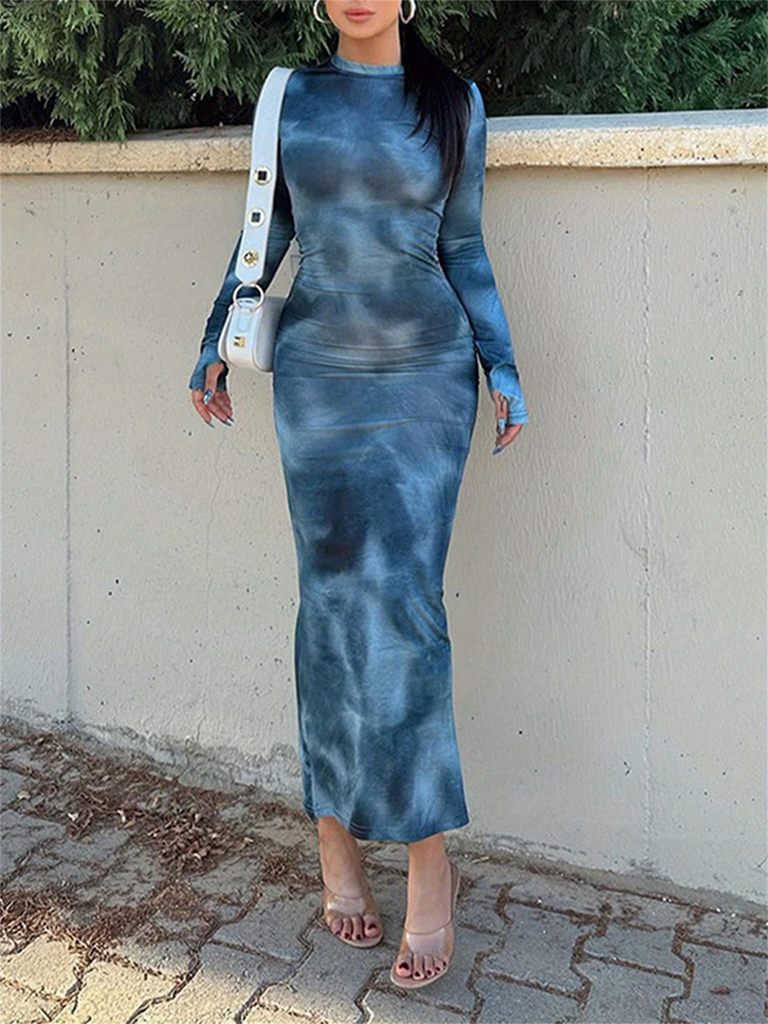 Midi Dress Long Sleeve Blue Tie Dye Dress Izabel London Light Blue