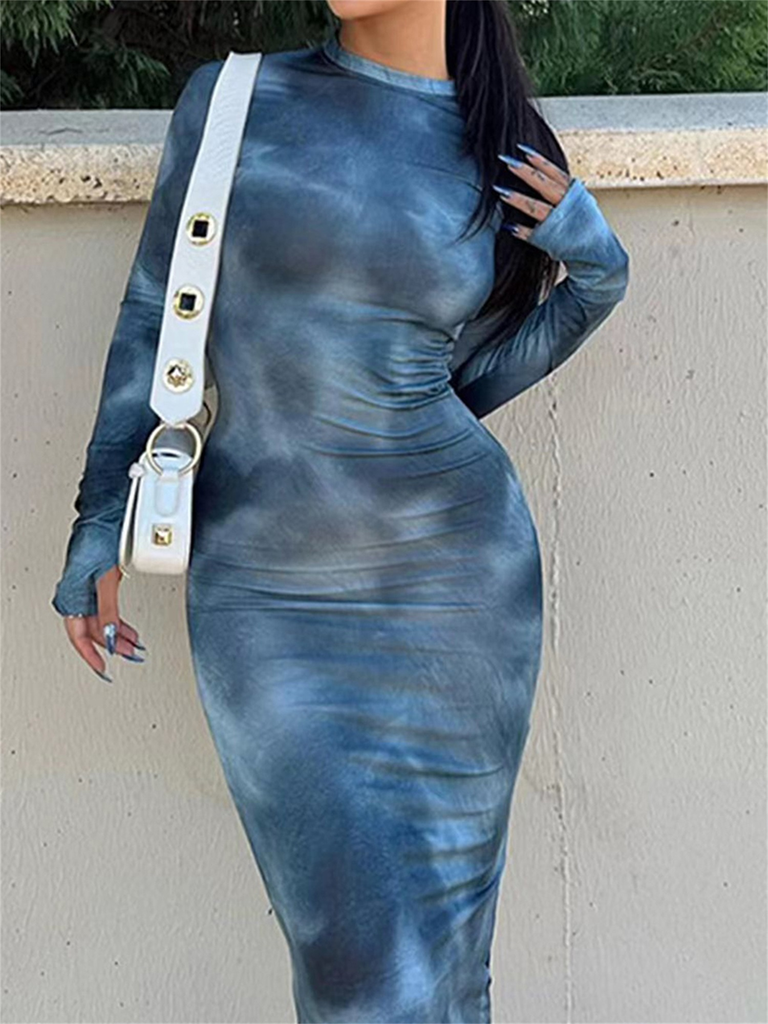 long sleeve tie dye bodycon dress Tie-Dye Long Sleeve Bodycon Dress Mustard Blue / S main image 0