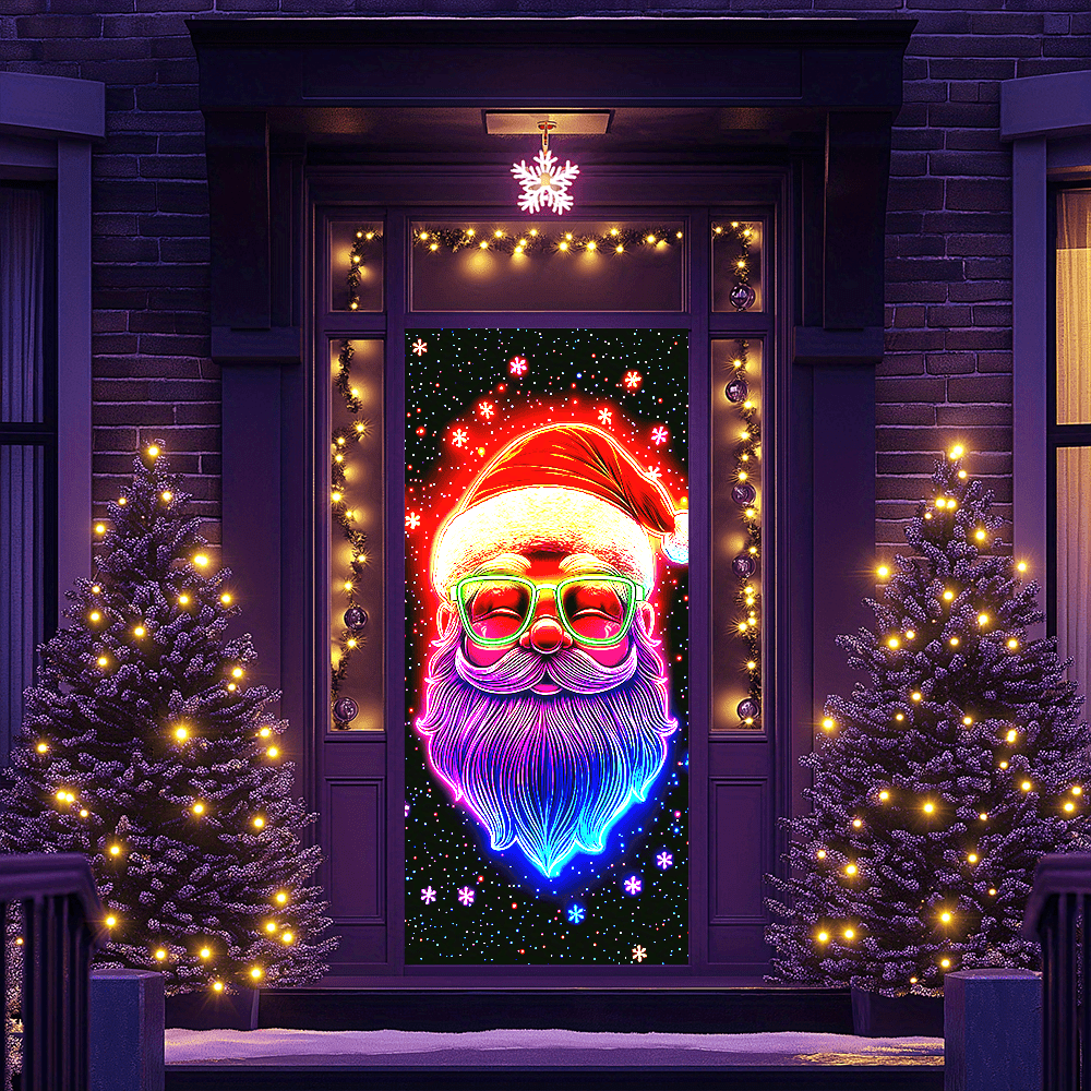 

1pc Cyberpunk Santa Claus -the-dark Door Cover, Uv Reactive Polyester Neon Christmas Decoration, Multipurpose Banner For Home & Outdoor Use Without Electricity