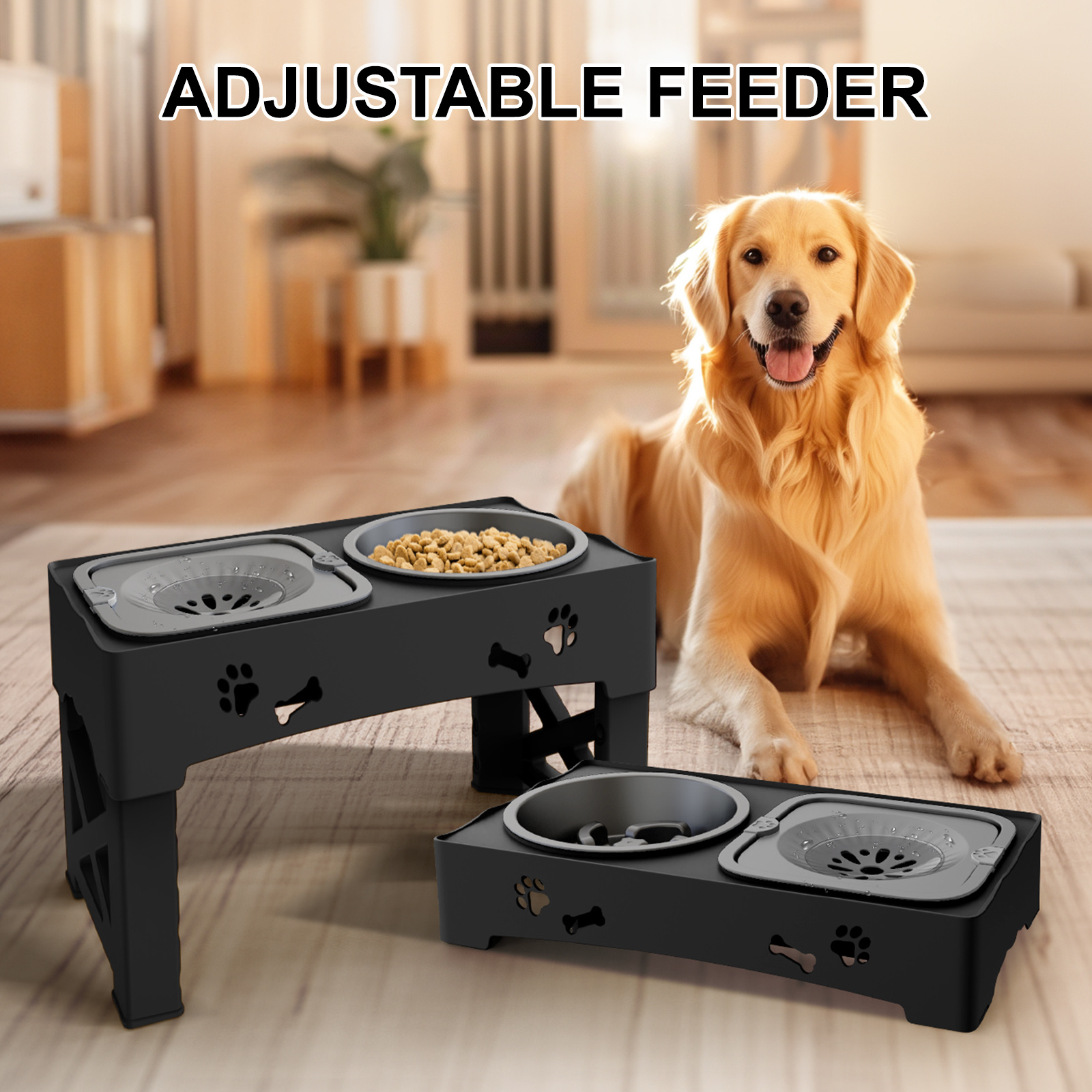 

1 Set Elevated Pet Feeder, Adjustable Double Bowl Stand For , Non-slip Abs Raised Feeding Station, 5-level Height Adjustable, Slow Feeder Bowl For Neck Protection, & Easy To Clean, Without Battery