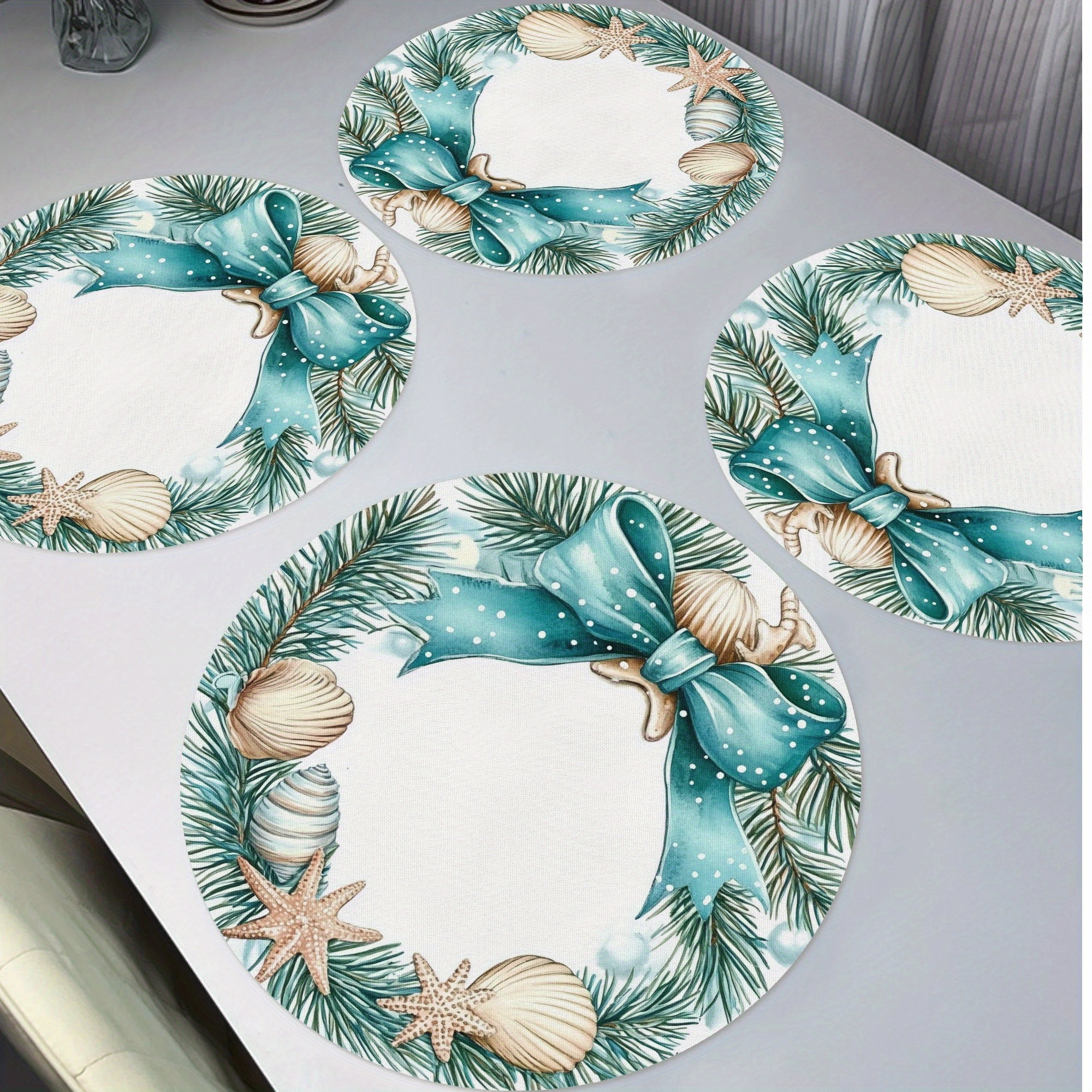 

4pcs Pine Needles Starfish Shells Wreath Round Placemats, Winter Seasonal Non-slip Washable Heat Resistant Table Mats Place Mats 15" For Party Kitchen Dining Christmas Decoration