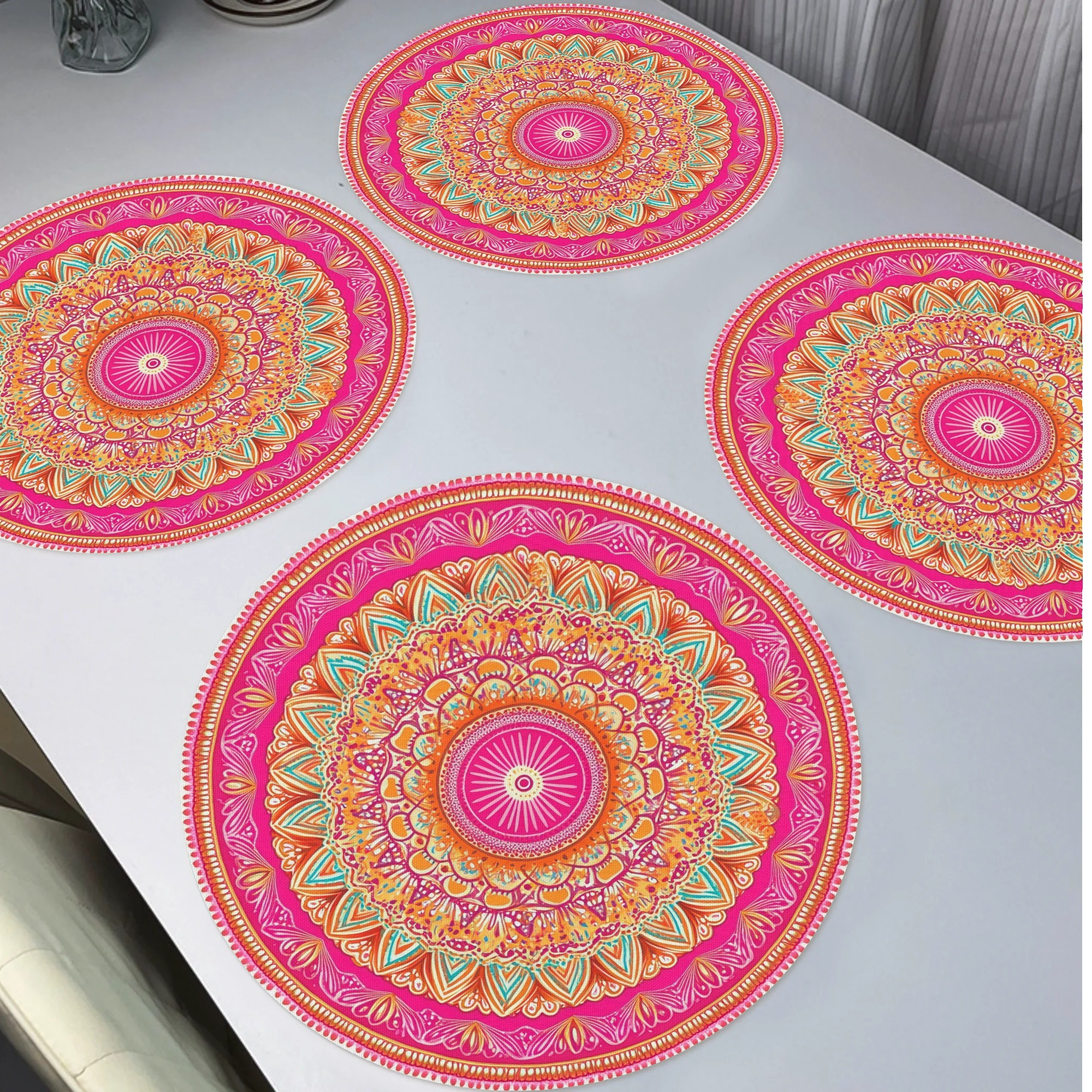 Image of 4pcs Mandala Floral Pattern Round Placemats, Boho Style Seasonal Non-slip Washable Heat-resistant Table Mats 15-inch Party Kitchen Dining Home Decor