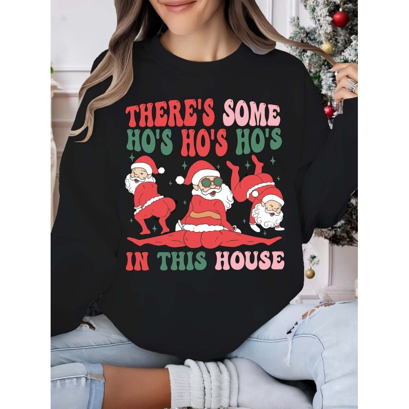 

Cozy Christmas Crew Neck Sweatshirt For Women - Santa & Letter Print, Soft Polyester , Machine Washable - Fall/winter