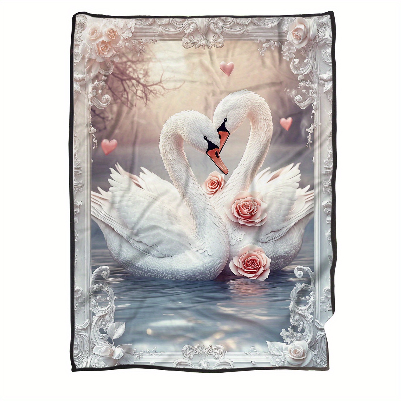 TEMU Symbolizing Love Swan Throw Blanket - Bohemian Design With , Roses & Hearts, Lightweight Flannel Fleece For Living Room, Bedroom Decor, Swan