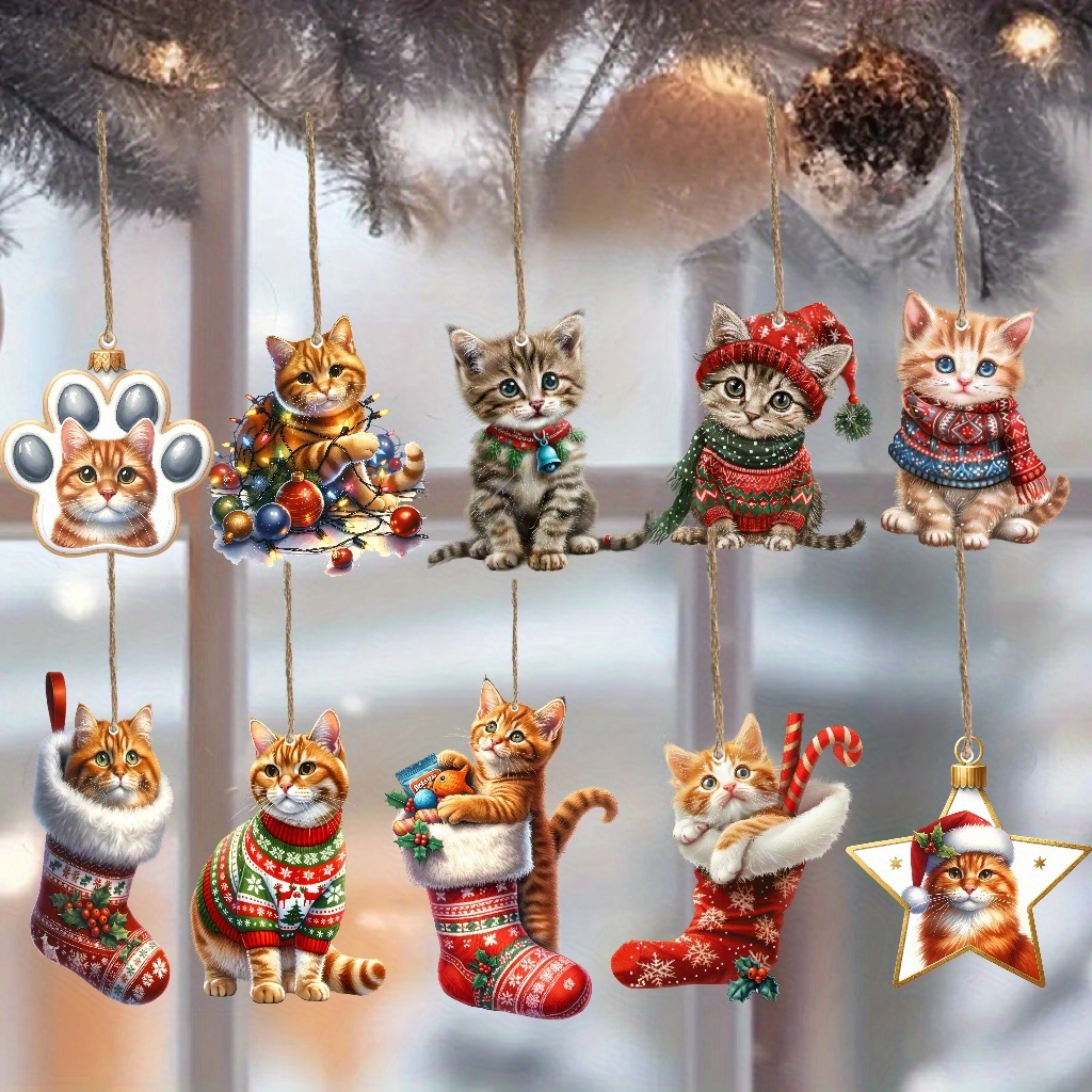 

10pcs Handcrafted Wooden Christmas Cat Ornaments With Rope - Tree Decoration, No Batteries Required