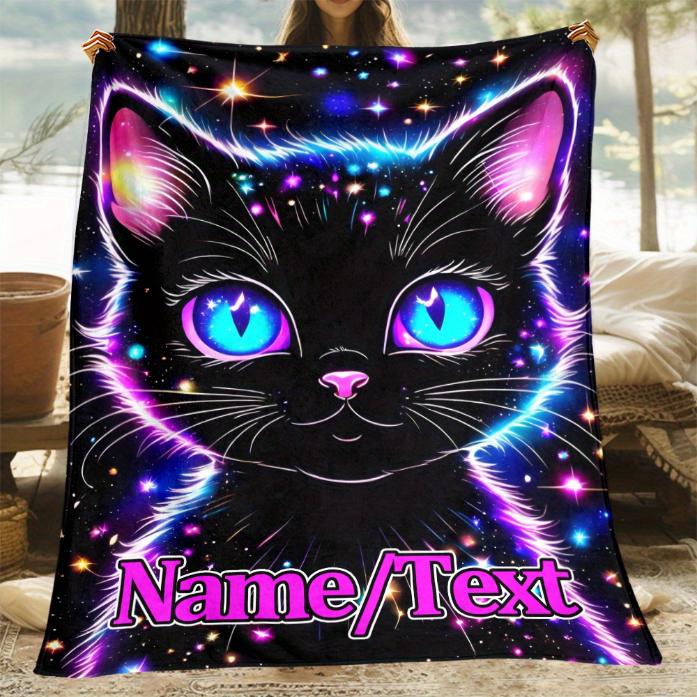 

1pc Custom Name "the Glowing Black Cat" Soft Flannel Throw Blanket, Lightweight Polyester, Sofa, Bed, Bedroom, Living Room, Office, Couch, Chair, Camping, Picnic, Travel - Unique Party Favor Gift