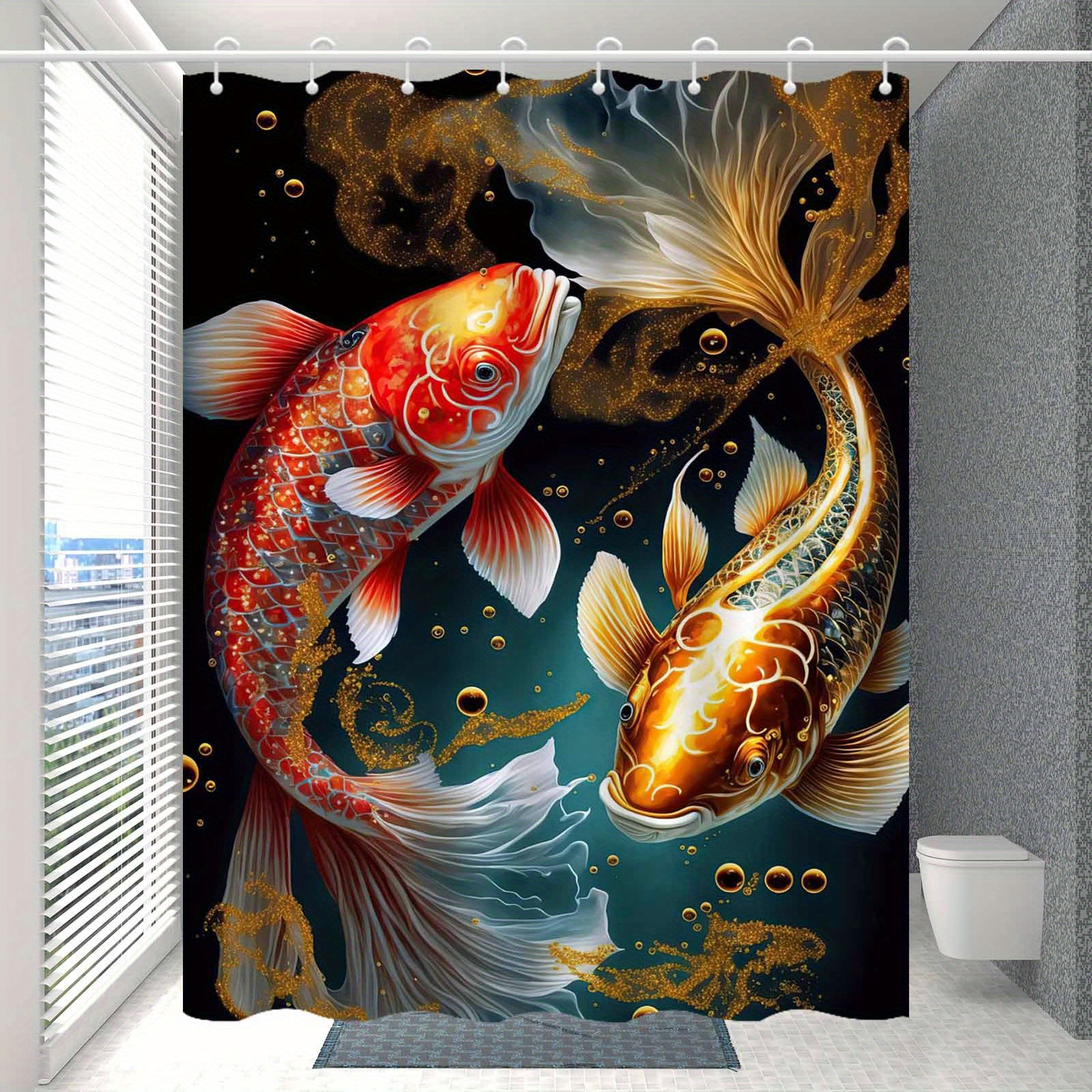 TEMU Jit1pcs Ancient Style Rich Koi Yellow Goldfish Shower Curtain, High End Elegant Bathroom Curtain, Bathroom Decoration Pattern