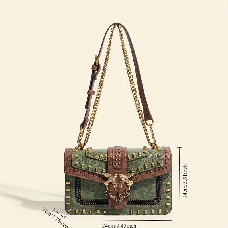 

Green Rivet Chain Crossbody Bag, Single Shoulder Small Square Bag, Fresh And Style, Pu Material, Hand Washable