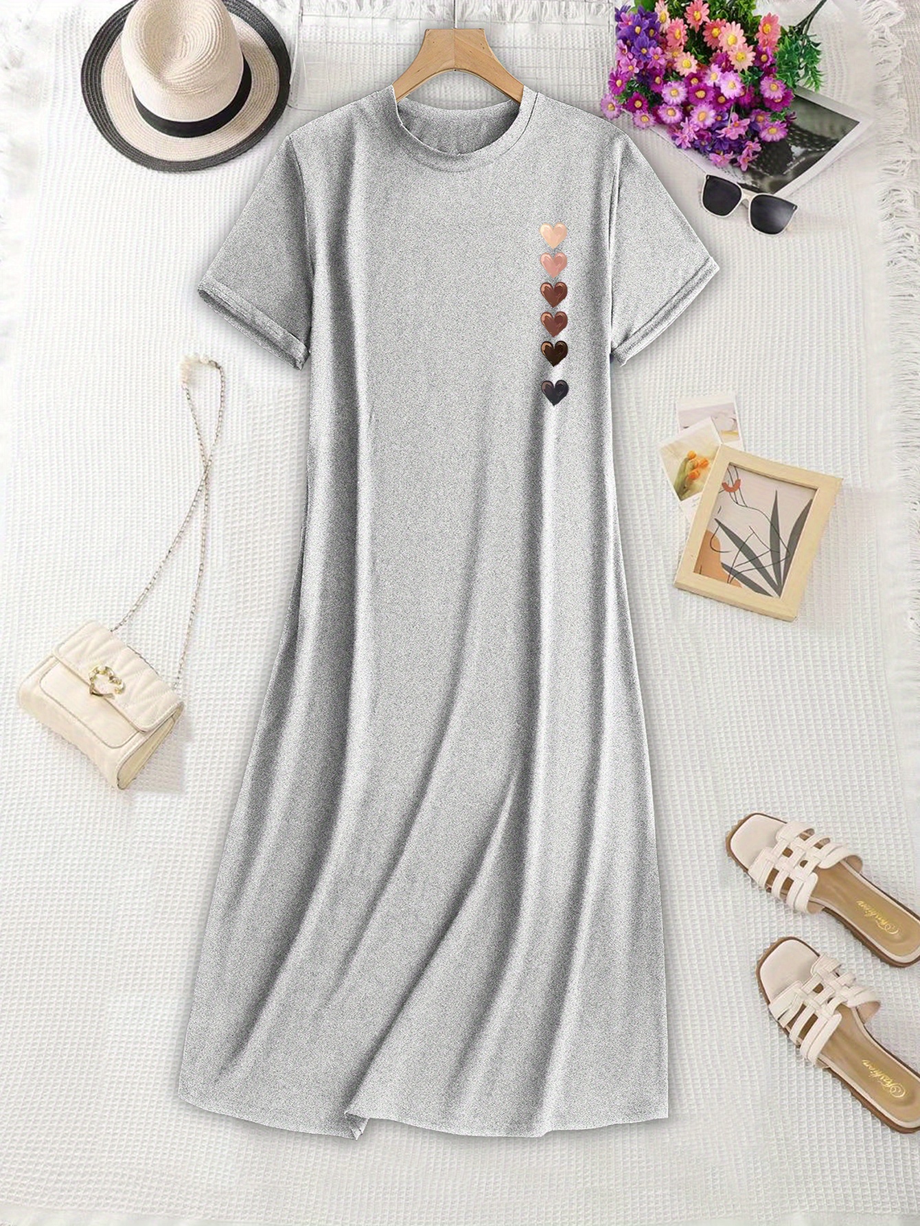 * Print Chic Short-Sleeved T-Shirt Dress, Breathable And Elegant Round  Neck, Loose Casual Wear, Fashionable Women's Clothing