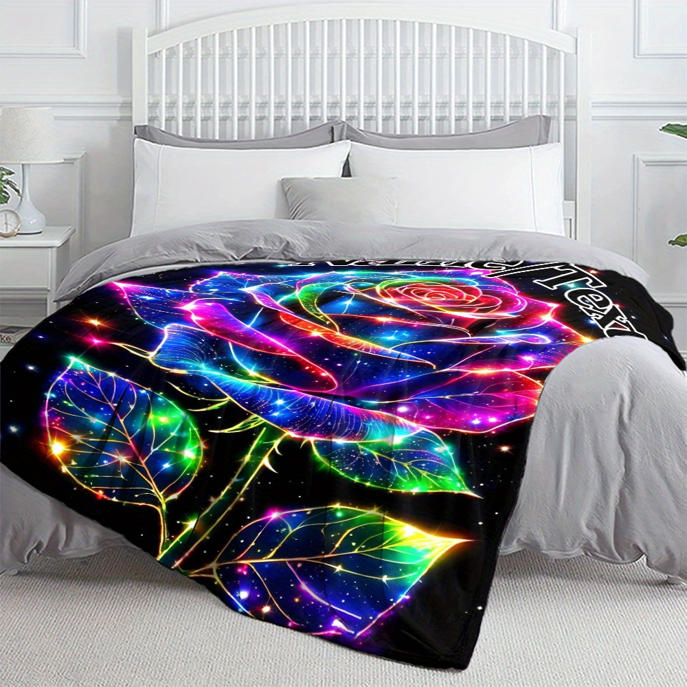 TEMU Personalized Glowing Rose Soft Flannel Throw Blanket - Custom Name, Lightweight & Warm For Couch, Bed, Camping & More - Perfect Gift For