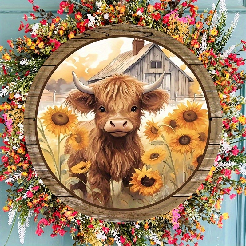 

1pc Rustic Sunflower & Highland Cow Acrylic Wall Art - Round Farmhouse Decor With Vibrant Floral Wreath, Home, Porch, Or Bedroom, Ideal Holiday Gift, No Power Needed, Cow Decor