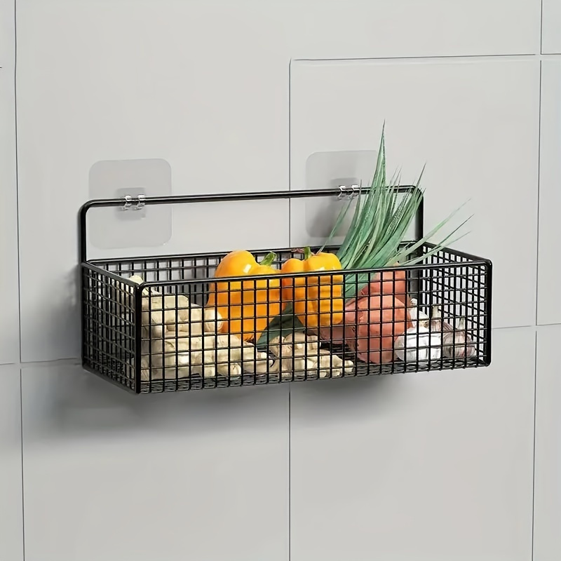 

Wall-mounted Storage Basket 1pc - Punch-free, Multi-use Organizer For Kitchen, Bathroom, And Home Decor, Hollow-out Design, Mixed Color Materials