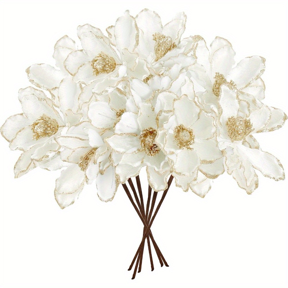 5pcs Glitter Poinsettia Flowers - Artificial Velvet Magnolia Stems For Christmas Tree, Wedding & Diy Crafts - Perfect For Holiday Party Decorations