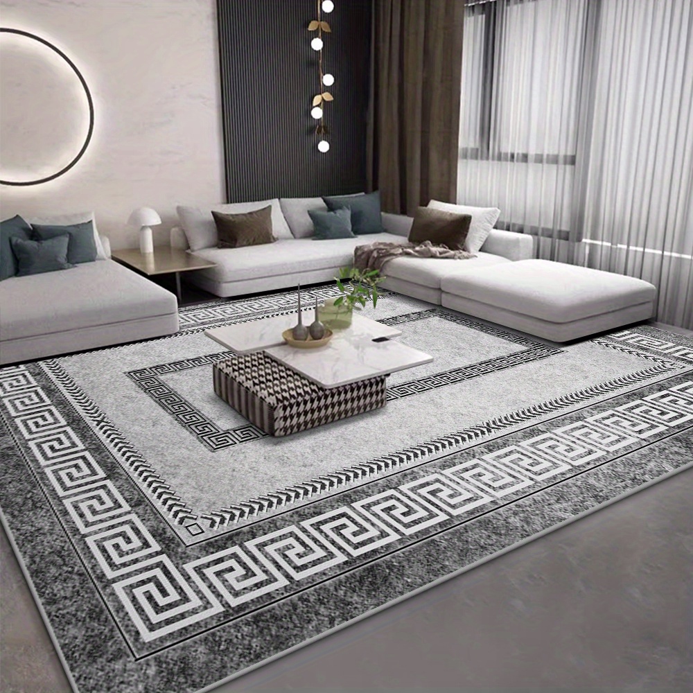   room rug 850g sqm modern grey rectangle carpet with chinese texture border soft non slip machine washable polyester lightweight fade resistant indoor rug for home bedroom office exhibition multiple sizes   details 0