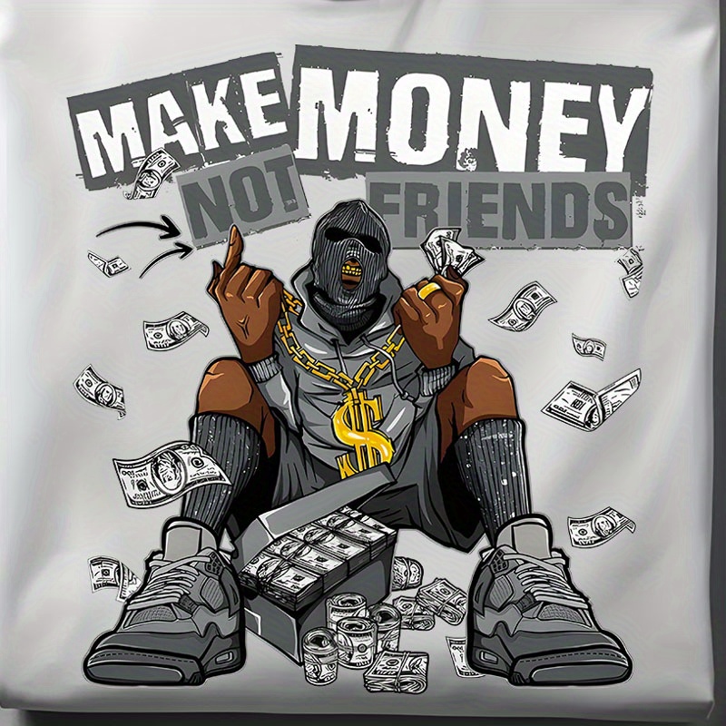 

Make Money" Graphic Men's T-shirt - Casual Cotton, Short Sleeve, Round Neck, Loose Fit With Hip Hop - Comfortable & For All , Hip Hop T Shirt