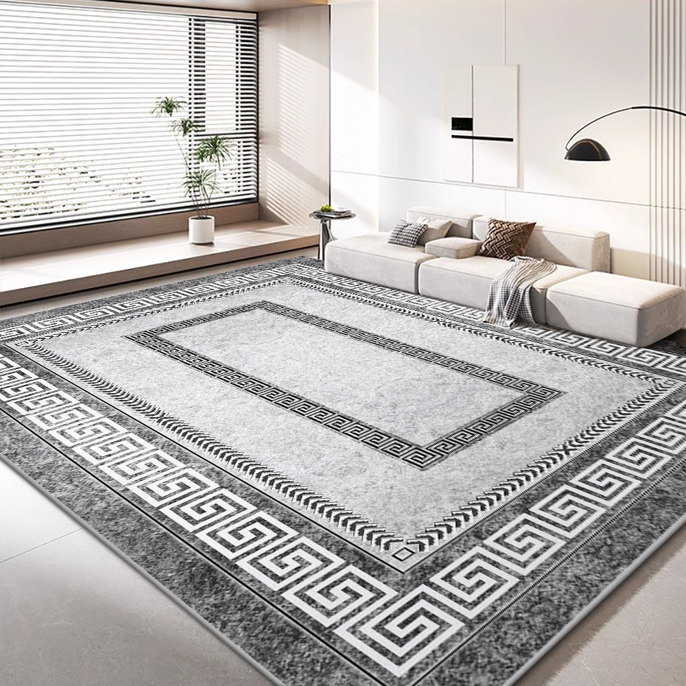   room rug 850g sqm modern grey rectangle carpet with chinese texture border soft non slip machine washable polyester lightweight fade resistant indoor rug for home bedroom office exhibition multiple sizes   details 2