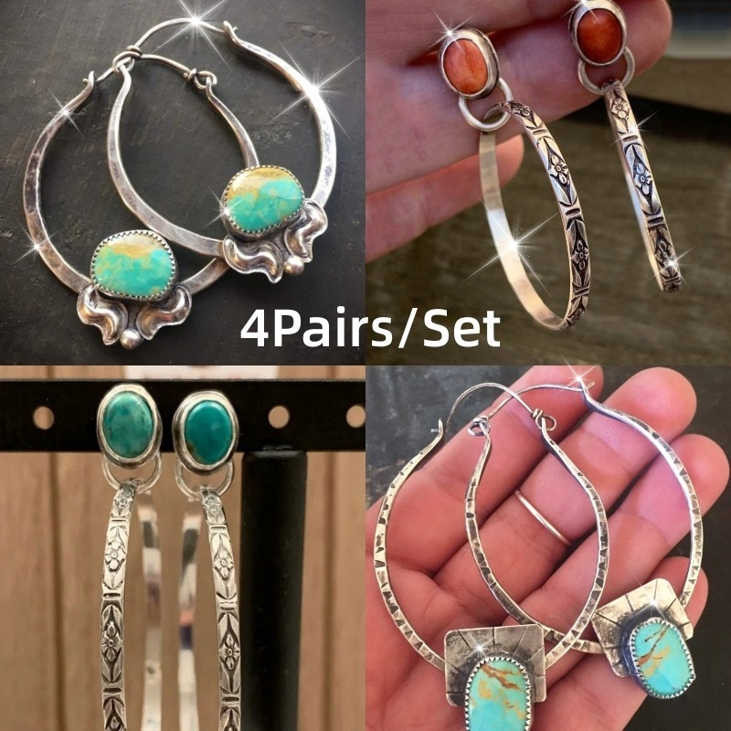 

4 Pairs/set Bohemian Turquoise Hoop Earrings, Antique Silvery , Copper Material, , Vintage Hollow Drop Earrings For Women