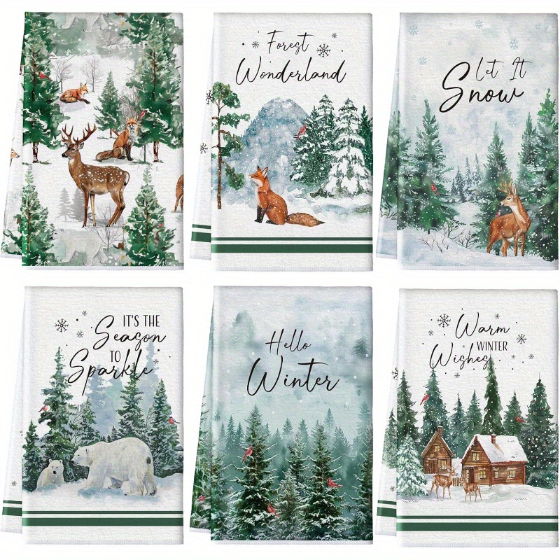 Image of A Set Of 6 Winter Kitchen Towels, 16x24 Inches, Polyester Dishcloths, Festive Cartoon Wildlife And Snowflake Design, Decor, Hand Wash Only, Absorbent, Christmas Holiday Decoration