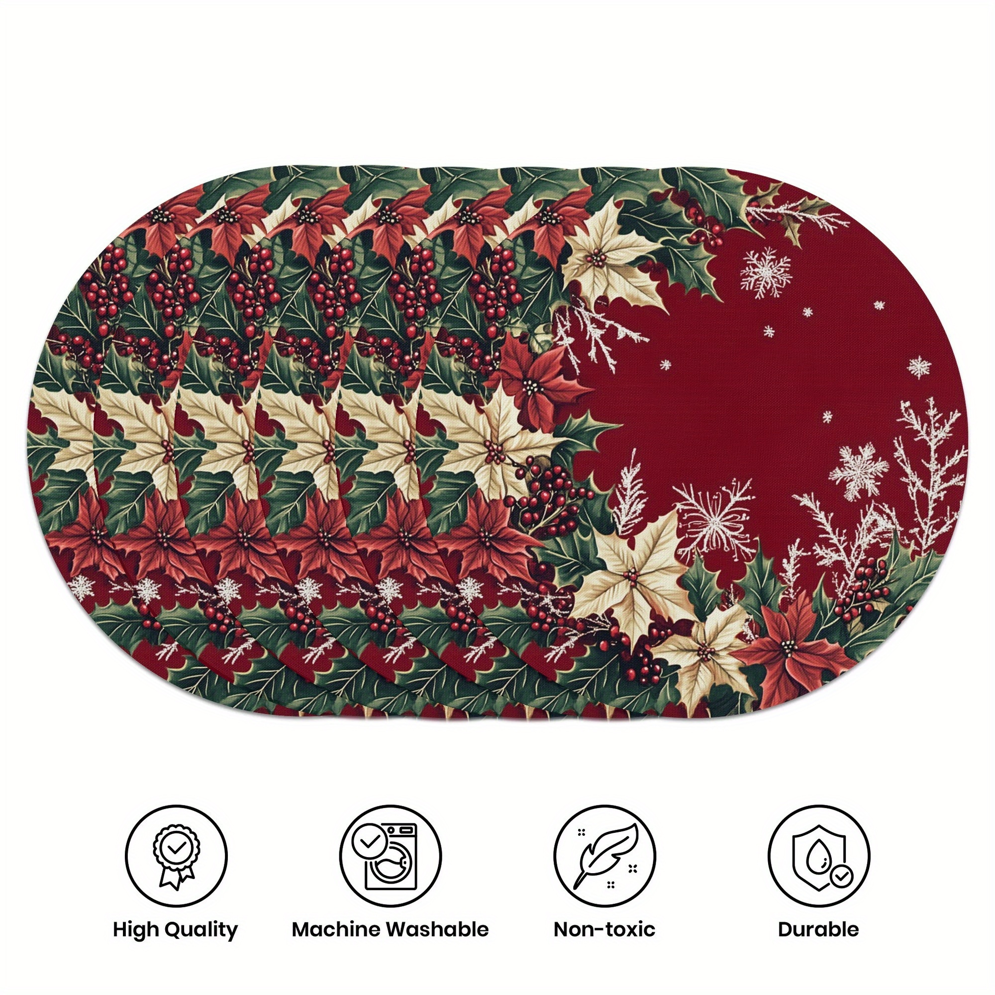 

6-piece Winter Placemat Set - 15" Round Polyester Table Mats With Christmas Floral Pattern, Hand Wash Only, Woven Decorative Placemats For Holiday Dining And Furniture Decoration