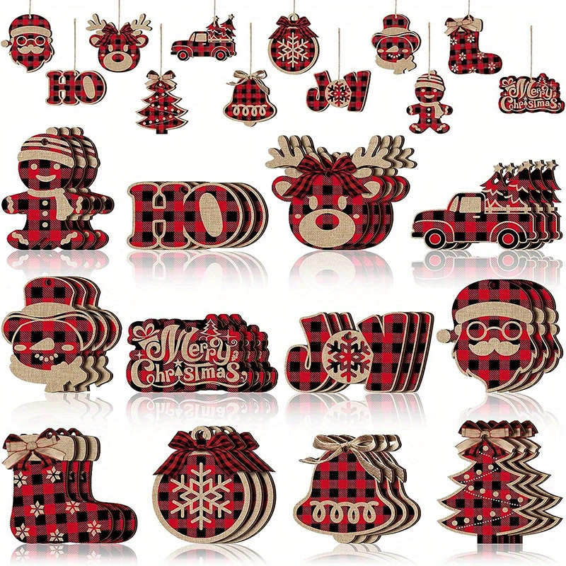 TEMU Christmas Decorations Indoor Tree Ornaments, 24pcs Red Burlap Farmhouse Xmas Ornaments, Tree Ball Bell Stocking Shaped Rustic Boho Country Decor