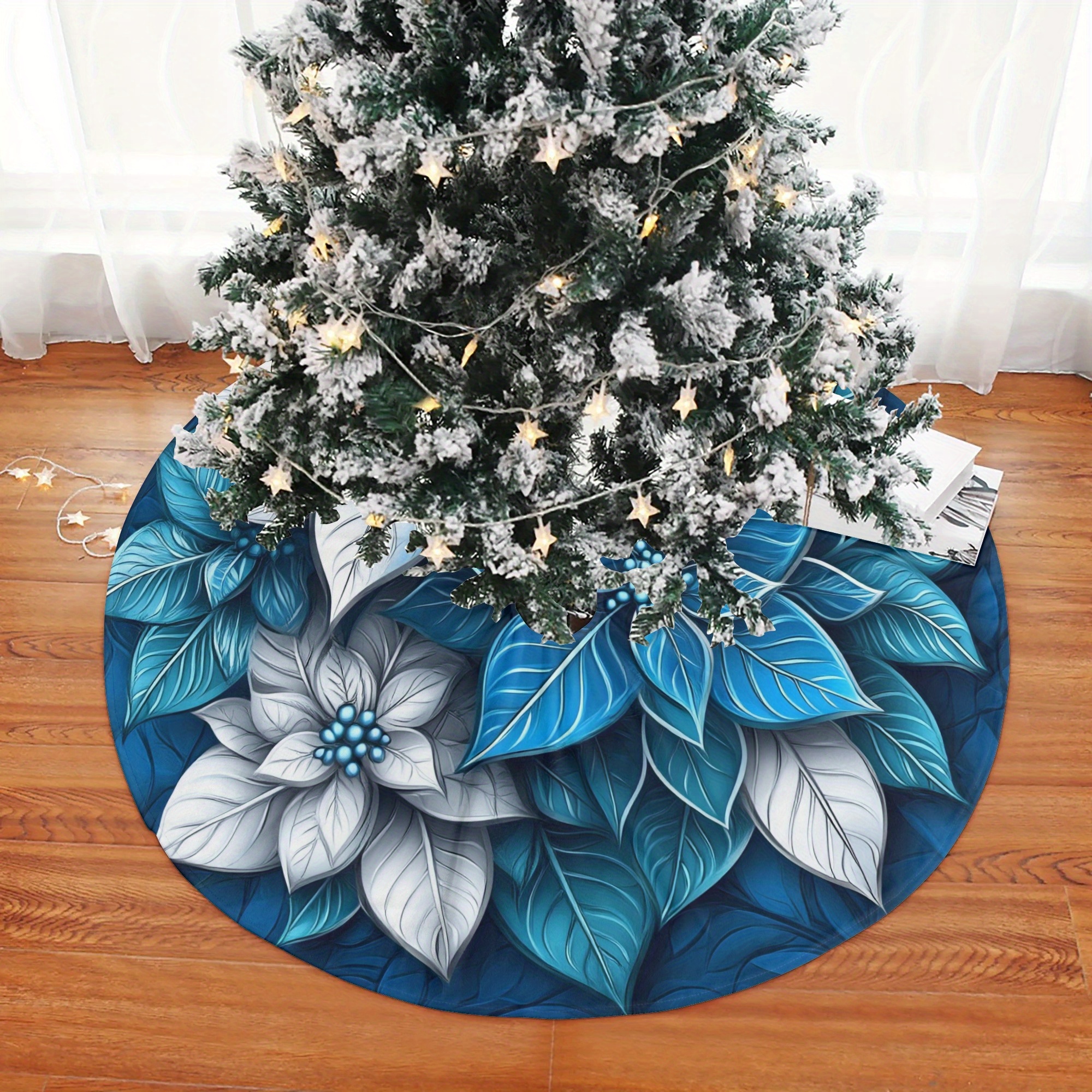 

1pc And White Poinsettia Polyester Christmas Tree Skirt 48" - Hand Washable Festive Tree Mat For Holiday Party, Living Room Home Decor