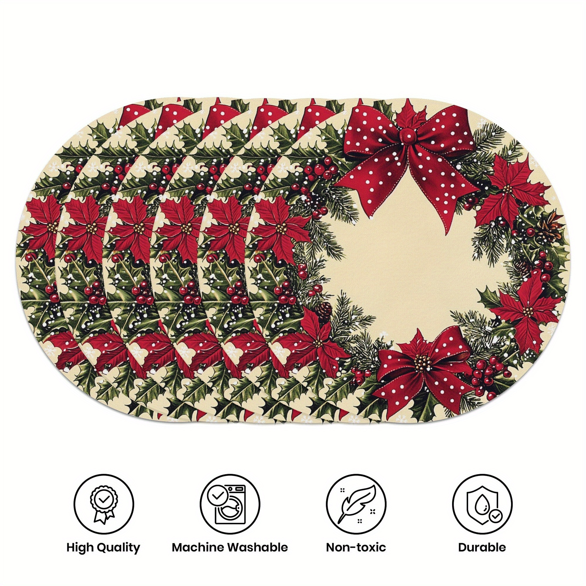 

6- Christmas Round Polyester Placemats - , Pattern, Non-toxic, , For Dining And