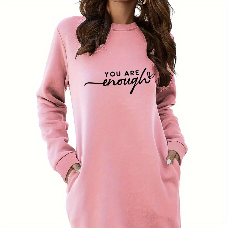 

& Letter Print Fuzzy Knit Long Sleeve Round Neck Sweater Dress, Casual Cozy Pullover Dress