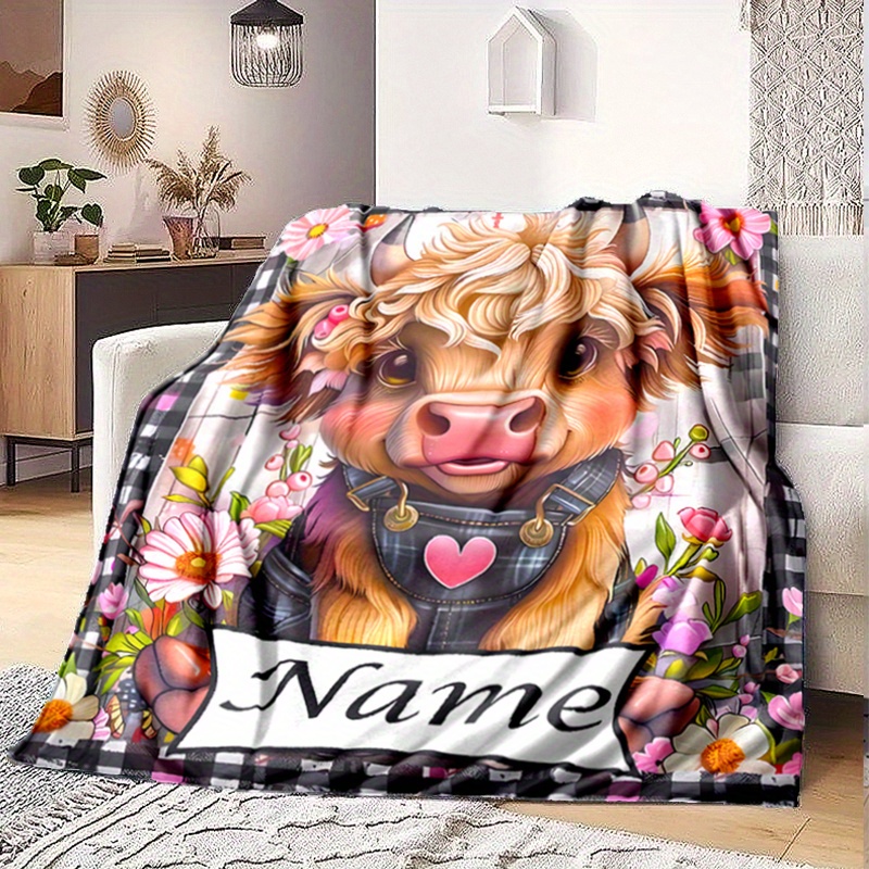 

Personalized Cow & Floral Custom Name Blanket - Soft, Warm Flannel Throw For , Camping & Travel - Gift For Family &