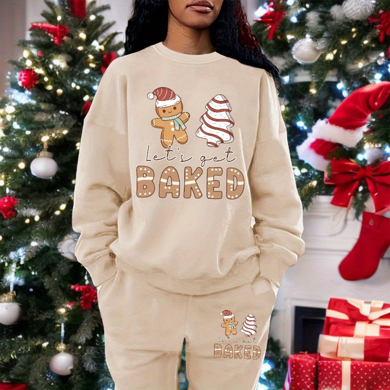 

Christmas Gingerbread Man Printed Round Neck Sweatshirt Set