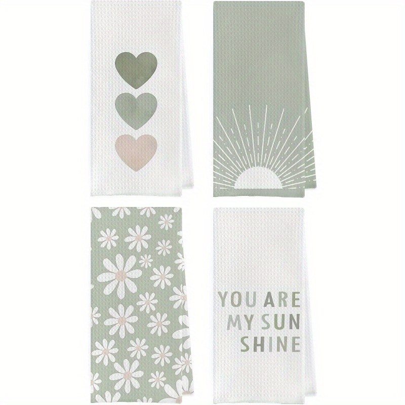 

4pcs Bohemian Green Kitchen Towel Set - , Machine Washable Polyester Dish Towels With Contemporary Design For Home Decor