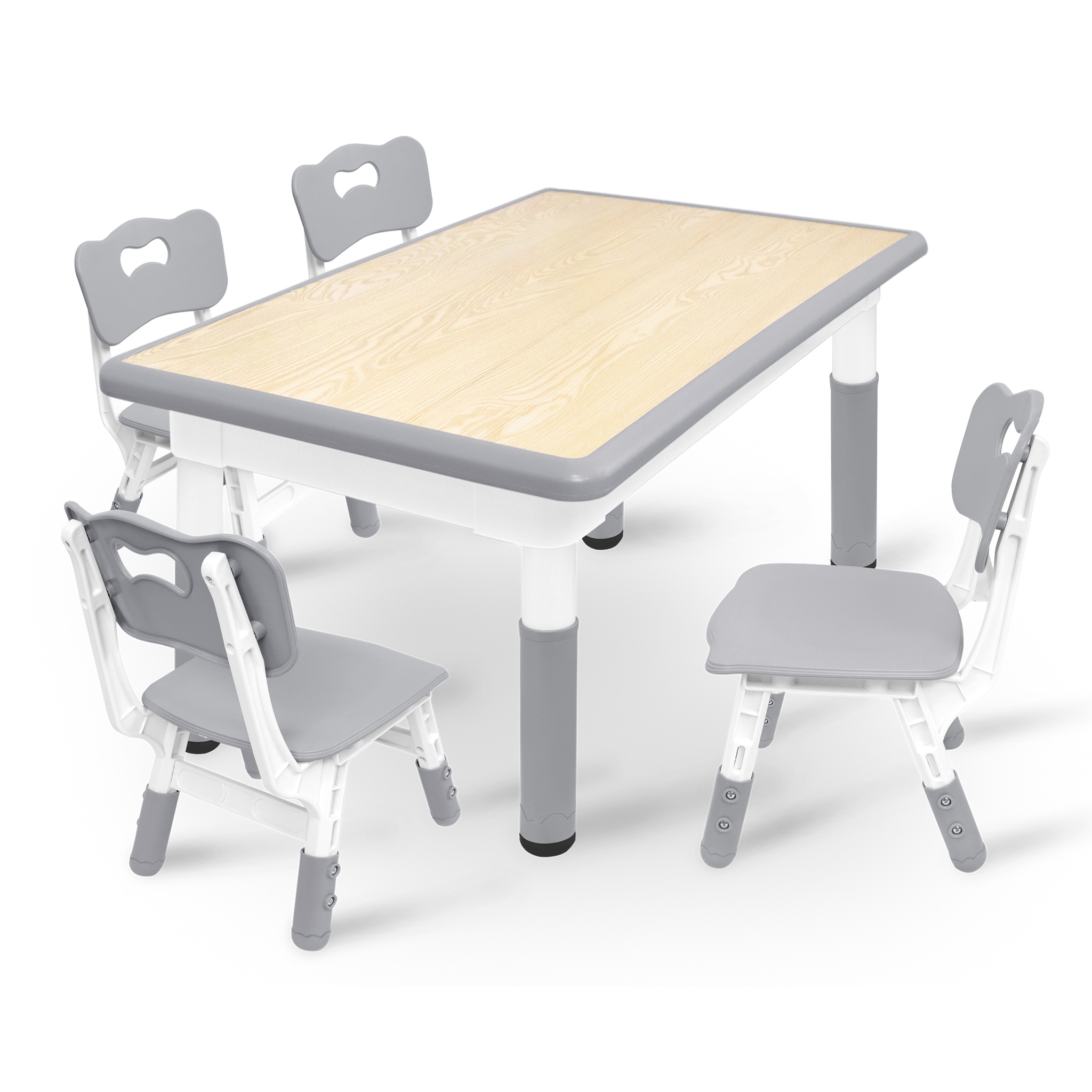 TEMU Adjustable Height Table & 4 Chairs Set - Light Grey Wooden Classroom Furniture With Wipeable Surface, For Home Office & Learning Spaces, Easy
