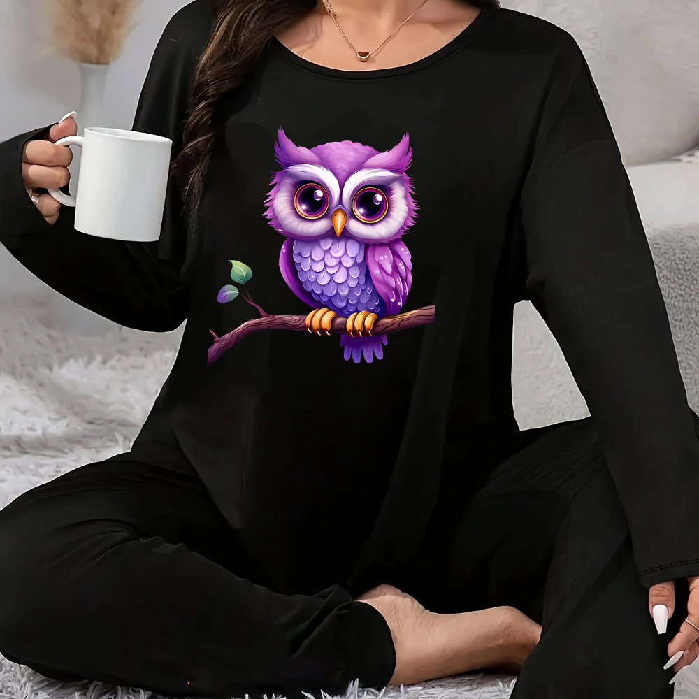 

Women's Plus Size Owl Neck Long Sleeve Pajama Set, Casual Knit Polyester 95% Elastane 5% Lounge Wear For Fall Season, Plus Size Pajama Set