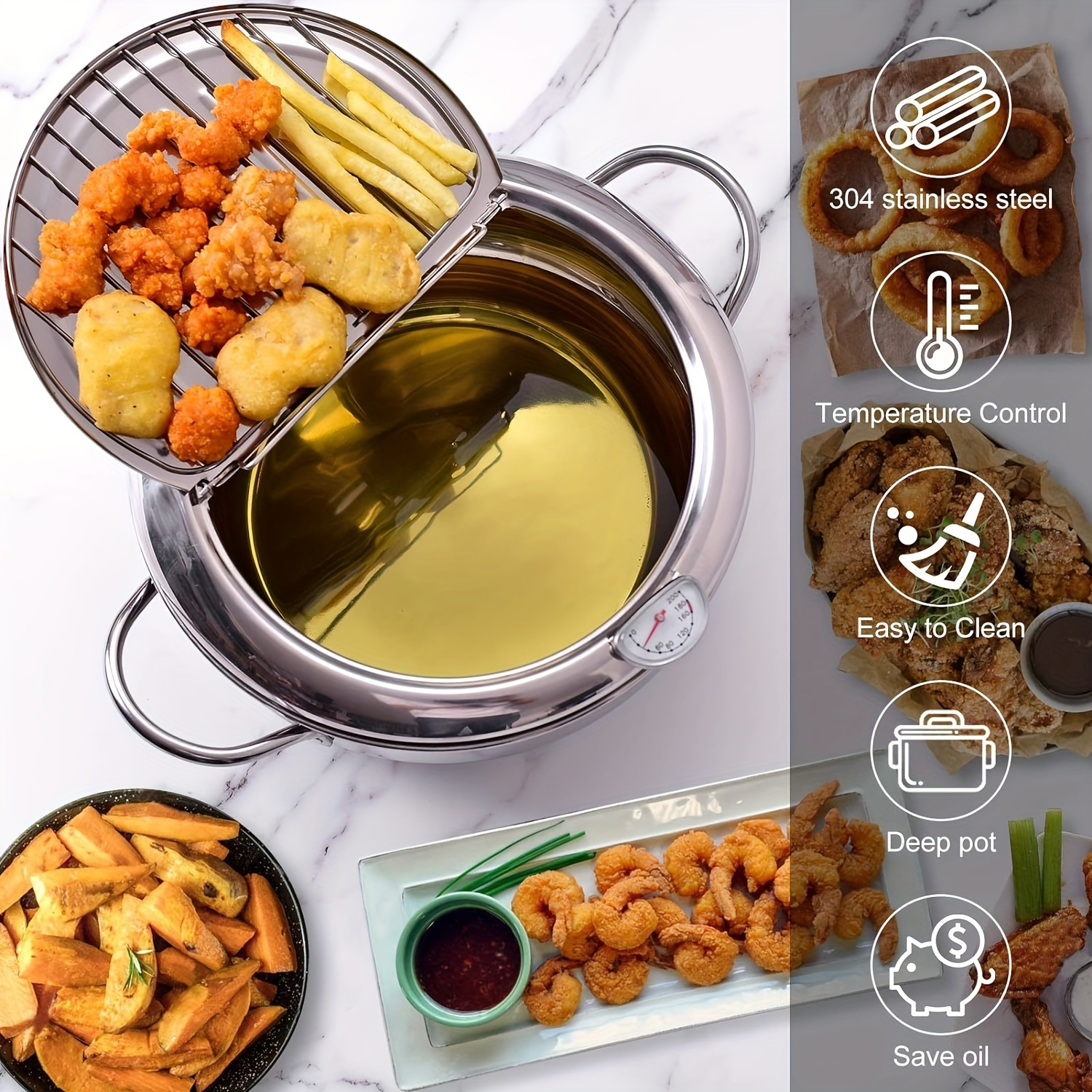 Deep Fryer Pot, 304 Stainless Steel Japanese Deep Fryer With Lid And Oil Drip Drainer Rack For French Fries Chicken Wings Shrimp 34l B0bcp8k9c7
