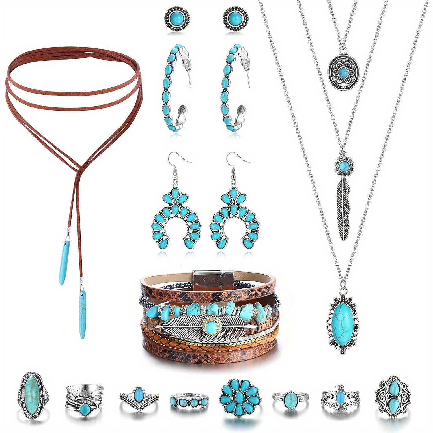 

14pcs Women's Western Jewelry, Bohemian Turquoise Jewelry Set, Turquoise Pendant Necklace, Turquoise Leather Cuff Bracelet, Turquoise Hoop Dangle Earrings