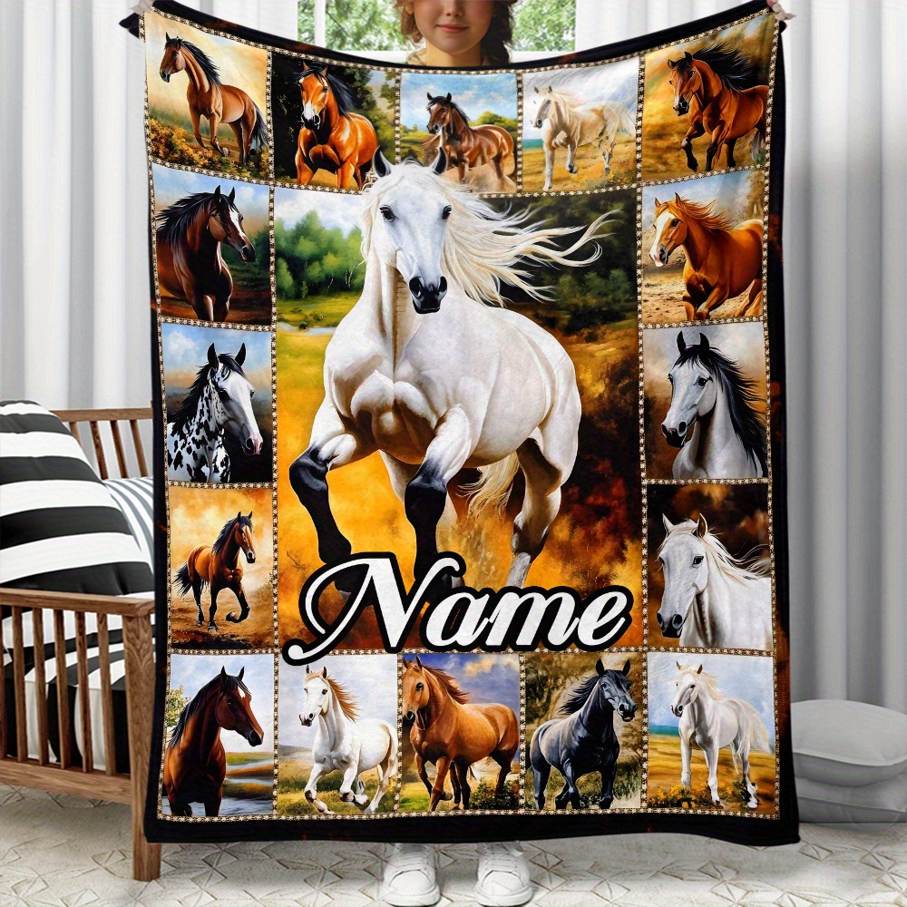 TEMU Personalized Horse Collage Flannel Blanket – Custom Name Lightweight Throw For Sofa, Bed, Travel & Camping – Soft Warm Fleece With Digital