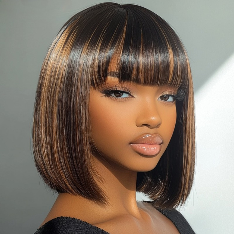 TEMU 180 Density Highlight Brown Colored Bone Straight Human Hair Bob Wigs Full Machine Wigs P1b 30 Human Hair With Bangs For Women