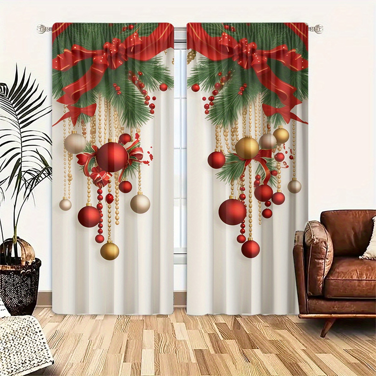 

2- Christmas Decor Polyester Curtains, Hd And Red & Bow Pattern, Drapes For , , , Rod , -,