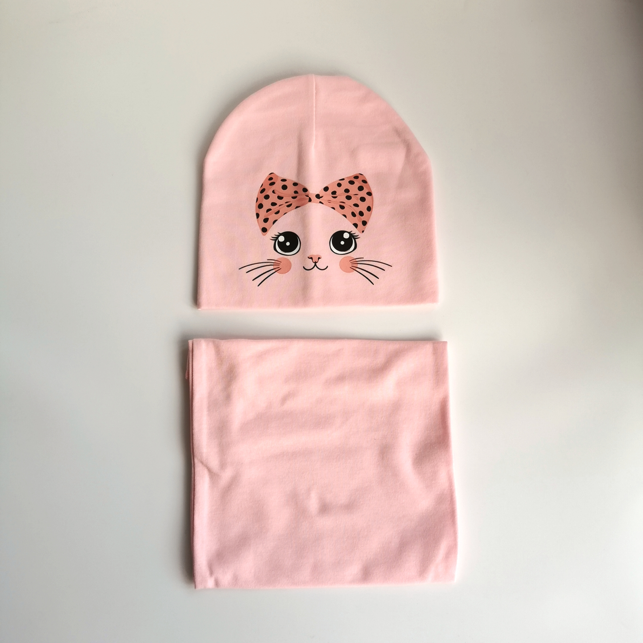 Image of 1 Set Kitty Bow Printed Beanie Scarf Set For Toddler Boys Fashion Soft Set For Baby Girl Kids Children 1-6 Years
