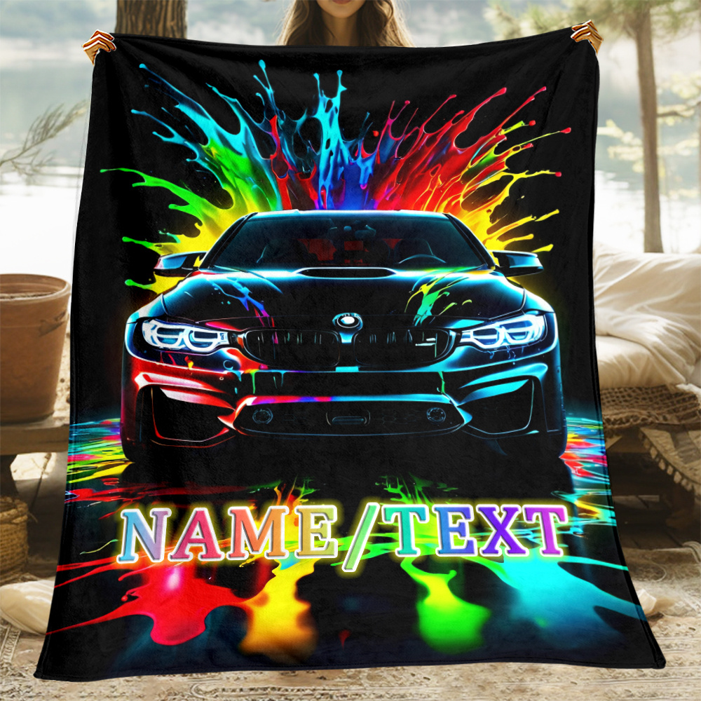 

Customized Name Text Sports Car Flannel Blanket – Personalized Lightweight Warm Throw For Sofa, Bedroom, Office, Travel, Camping – No Electricity Needed, Featherless, Polyester