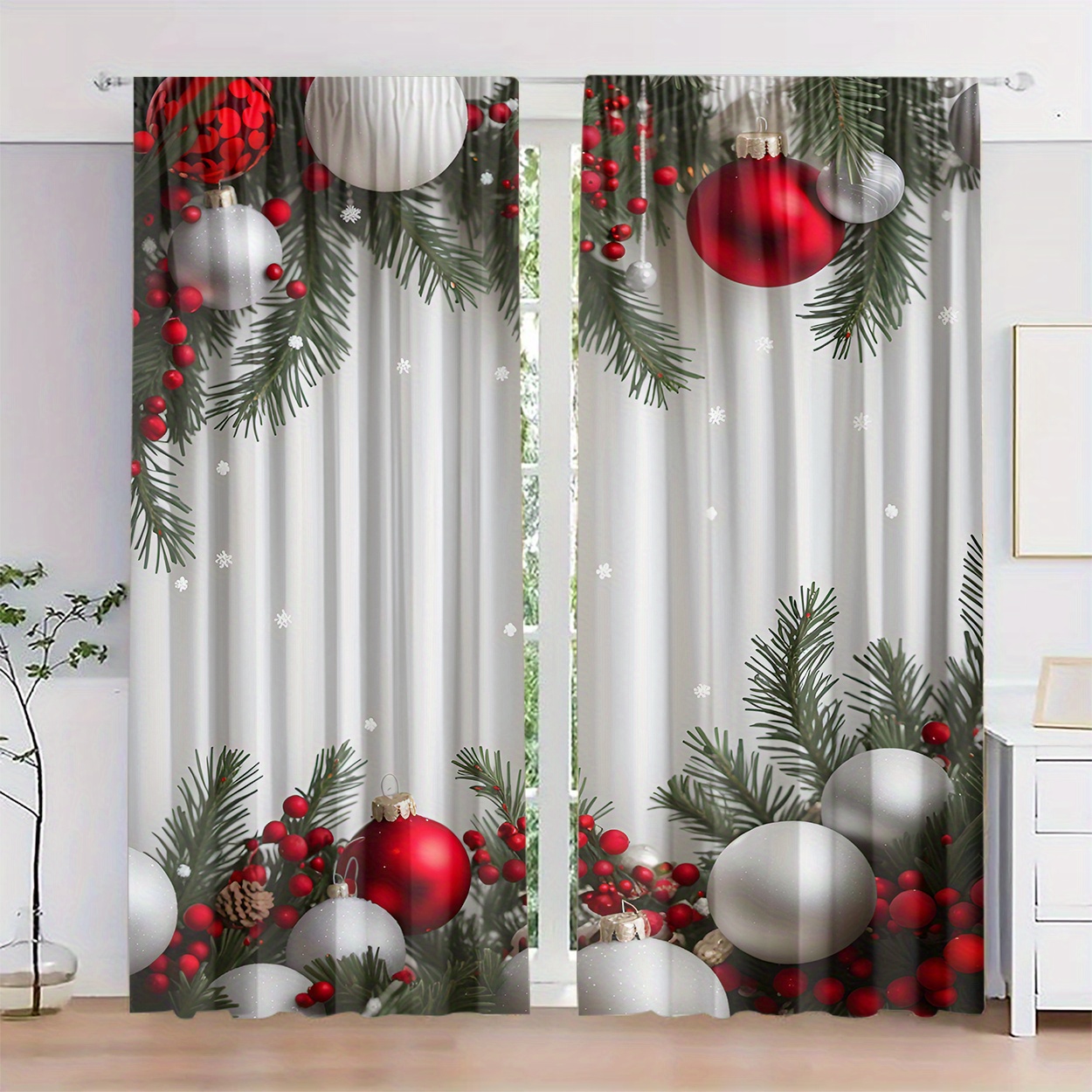 

2pcs Christmas Themed Curtains - Hd With Grass, Gray & Red Balloons, Light Filtering Polyester Drapes For Bedroom, Living Room, Office Decor - Rod , Best For Christmas