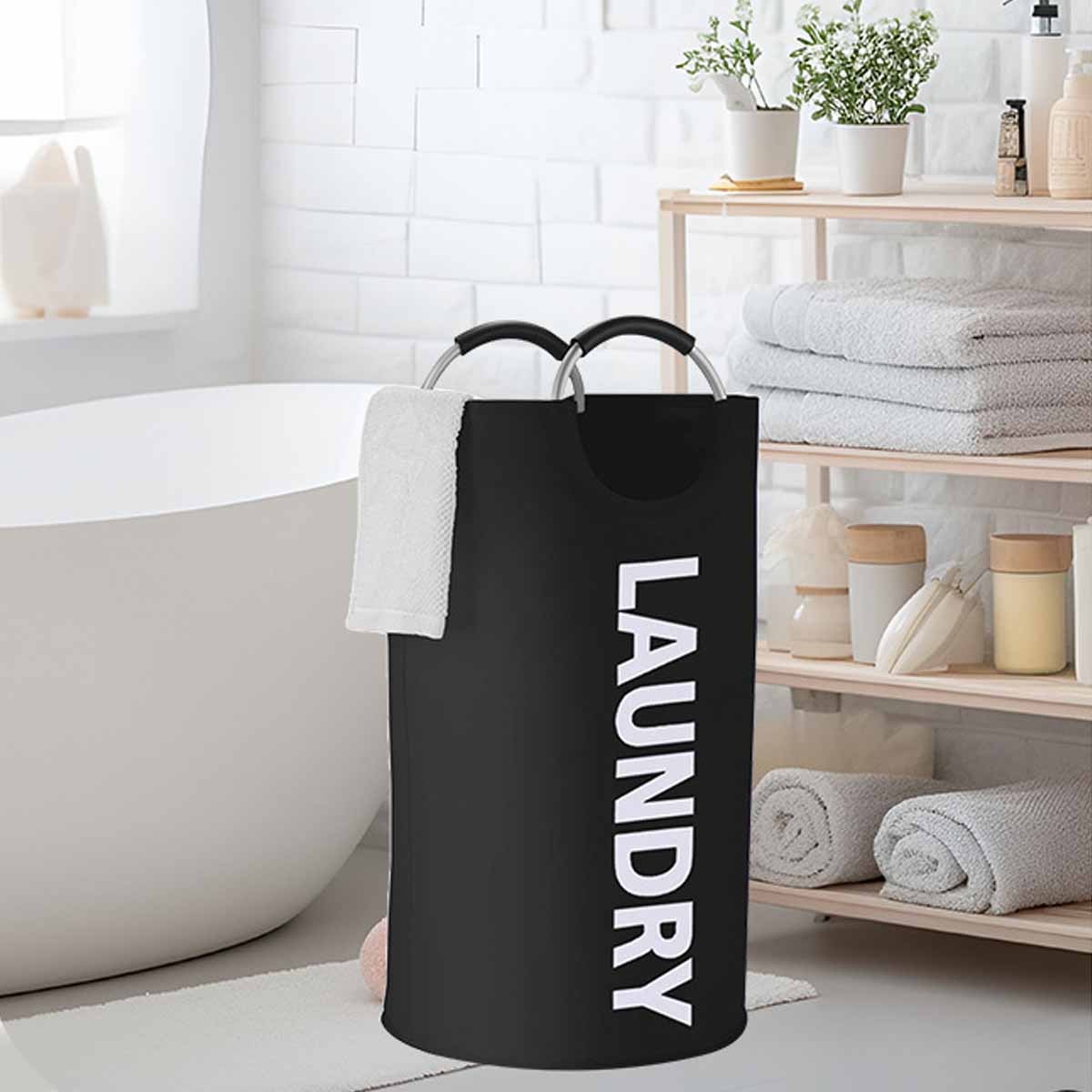 1pc extra large nylon laundry basket with padded handle contemporary rectangle waterproof foldable storage for laundry room bathroom balcony dorms   space saving easy to carry and store laundry room accessories laundry baskets details 3