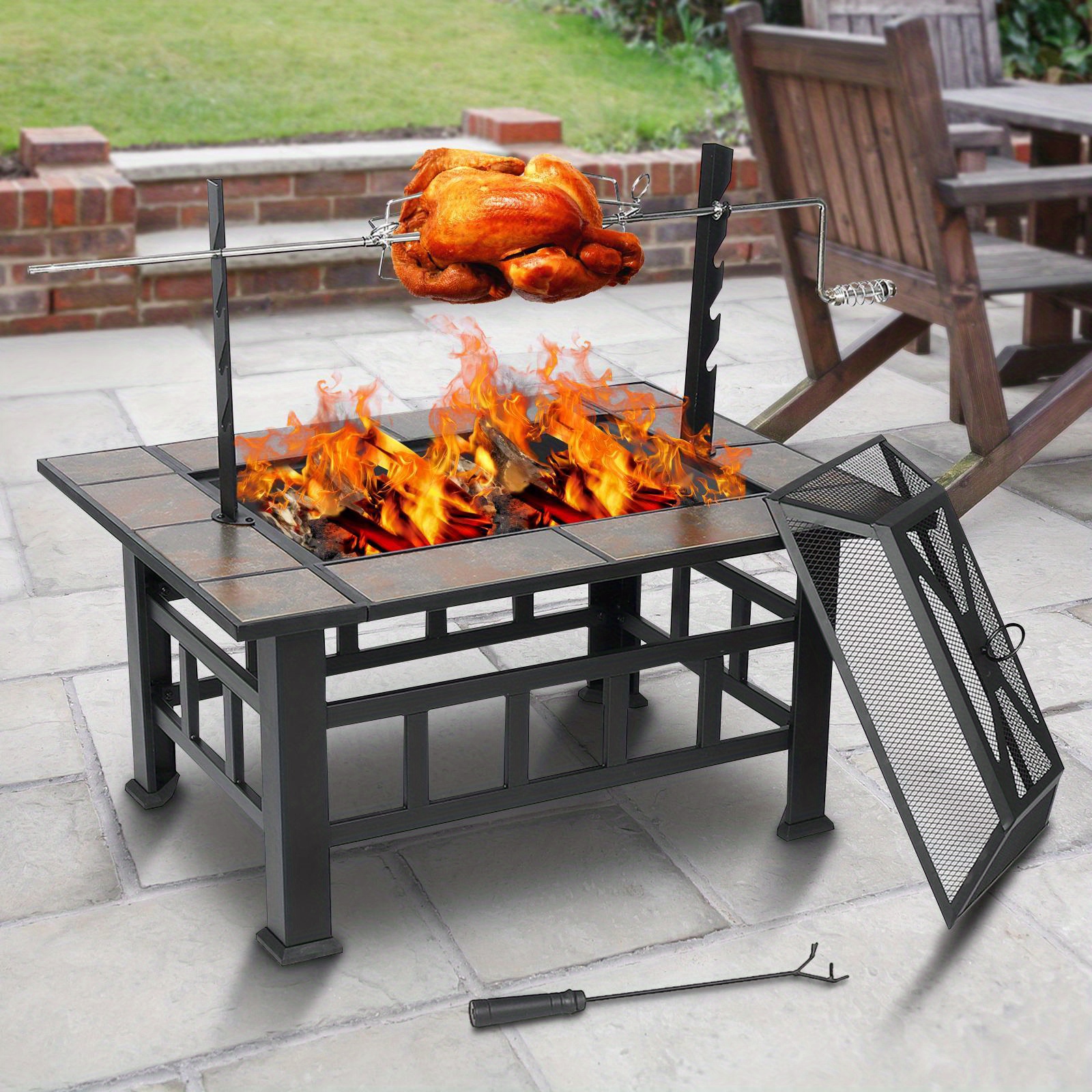 

37-inch Square Metal Fire Pit Table With Grill - Ideal For Outdoor Bbqs, Patio & Garden - Wood Burning Stove With Spark Screen, Log , And Roasting Stick - No Electricity Needed