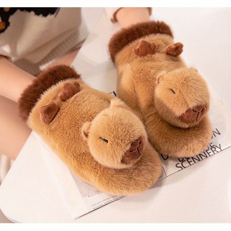 

Cozy Capybara Plush Winter Gloves - , Warm Full-finger Knit For Women | Machine Washable &