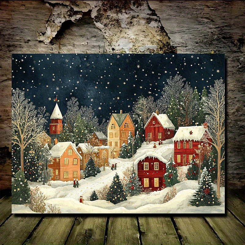 

Room Decor 1pc Winter Canvas Poster - Snowy Landscape With Red Houses, White Christmas Trees, Pine - Ideal For Wedding, Anniversary, Graduation, Bachelorette, Halloween Decor