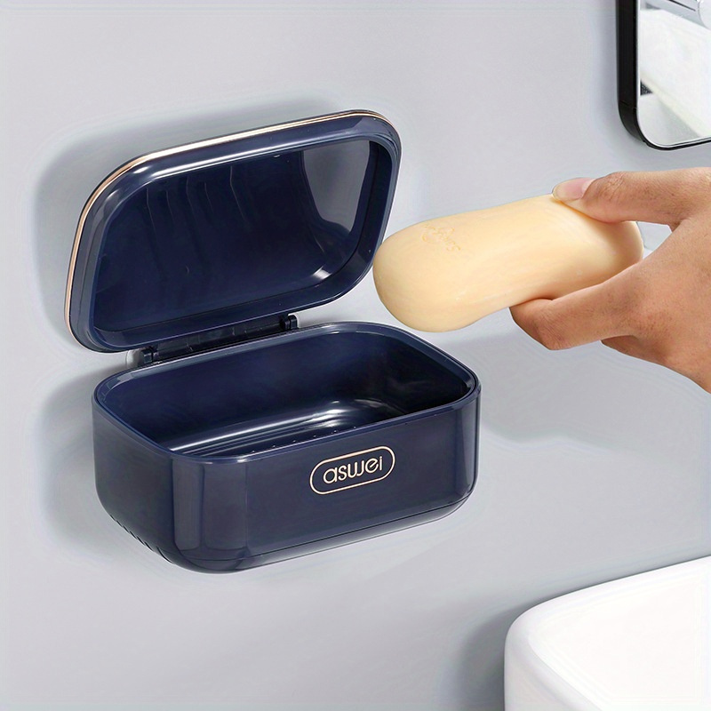 TEMU [ ] Wall-mounted Soap Holder With Lid - Leakproof Plastic Container For Bathroom, Ideal For Laundry, Facial, Toilet, And Square Soaps