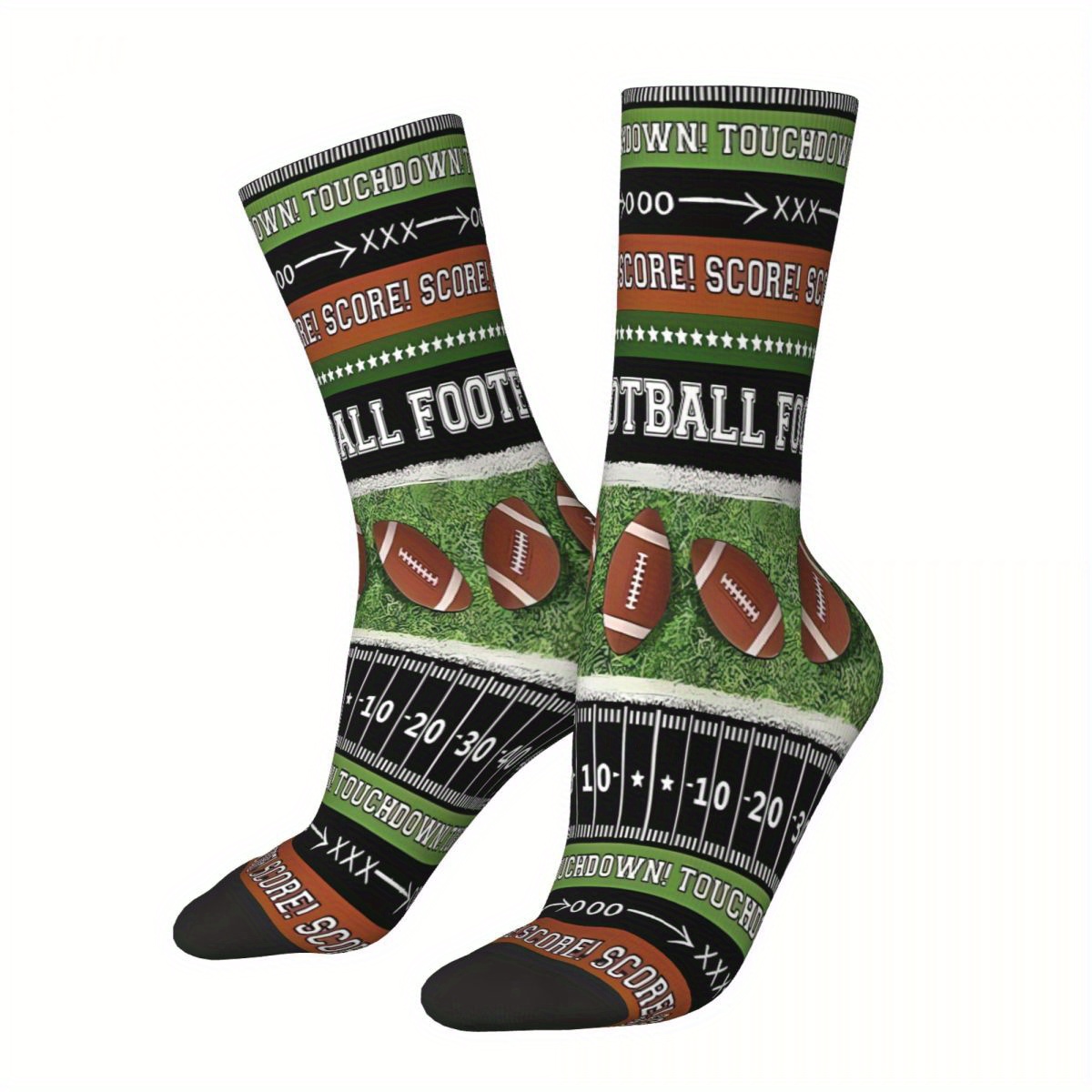 

Biihudu Men's Football Fan Crew Socks - High-performance Polyester , 3d With ! & Scoreboard Design, Comfortable Knit For Sports & Casual Wear, Black With Accents, Football Socks