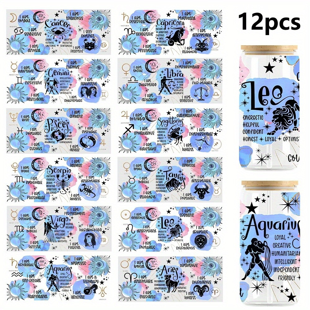 

12pcs Birthday Series Uv Dtf Transfer Cup Stickers, Zodiac Theme Cup Sleeves Uv Dtf 3d Waterproof Transfer Stickers. Suitable For 16oz , Furniture, Wood, Diy Crafts. Constellation Dtfuv